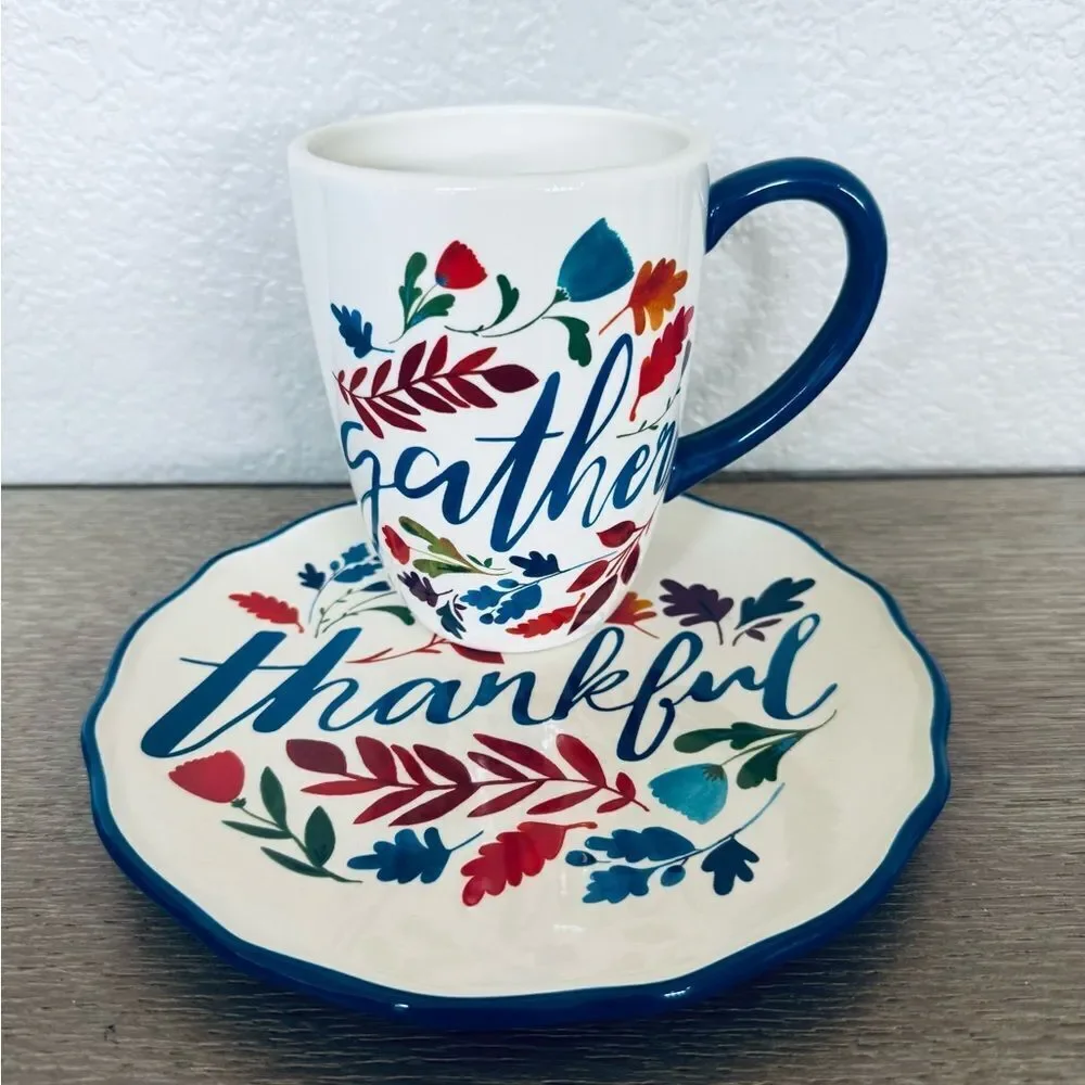Fall Autumn Gather Thankful Ceramic Serving Plate Coffee Mug Cup Set
